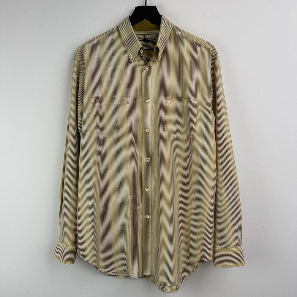 Tommy Bahama Shirt Mens M Yellow Bengal Stripe Jacquard Palm Resort Long Sleeve